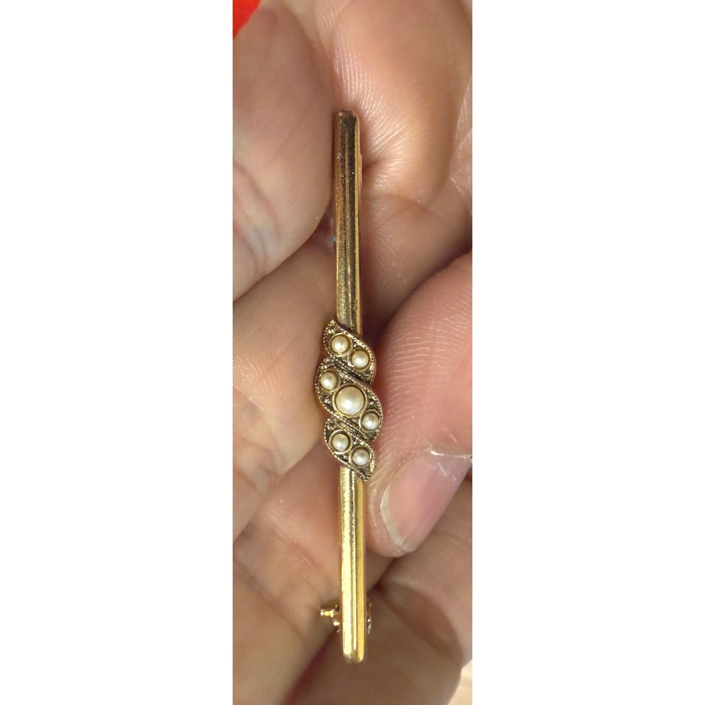 Vintage Gold Tone Faux Seed Pearl Bar Brooch Pin 2 Inch Victorian Style